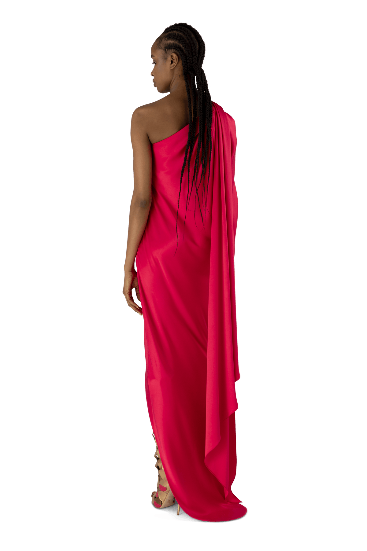 Geranium Silk Draped One Shoulder Dress